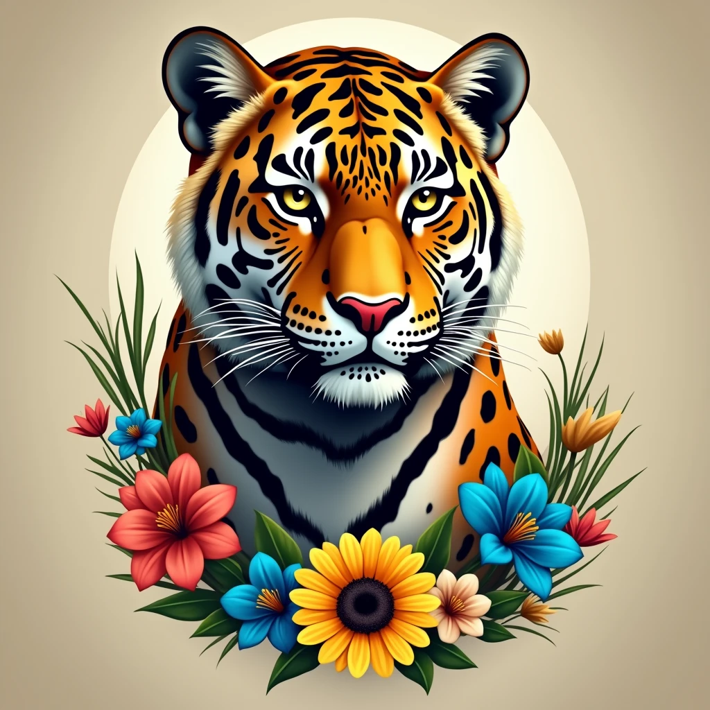 Create a fantastic Amazonian jaguar,inside a frame made of flowers. A mix of jaguar and tiger,leopard spots on the face, flowers in the head, sunflower, lilies, daisy, roses, color full, rainbow colours,spectacular, vibrant, no signature, no watermark,t-shirt art