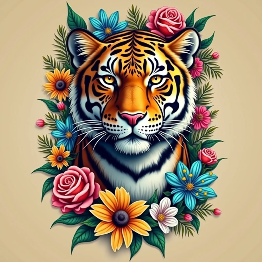 Create a fantastic Amazonian jaguar,inside a frame made of flowers. A mix of jaguar and tiger,leopard spots on the face, flowers in the head, sunflower, lilies, daisy, roses, color full, rainbow colours,spectacular, vibrant, no signature, no watermark,t-shirt art