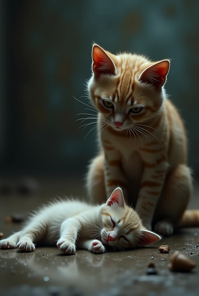 Un chaton mort avec et sa manman pleur debout qui pleur 