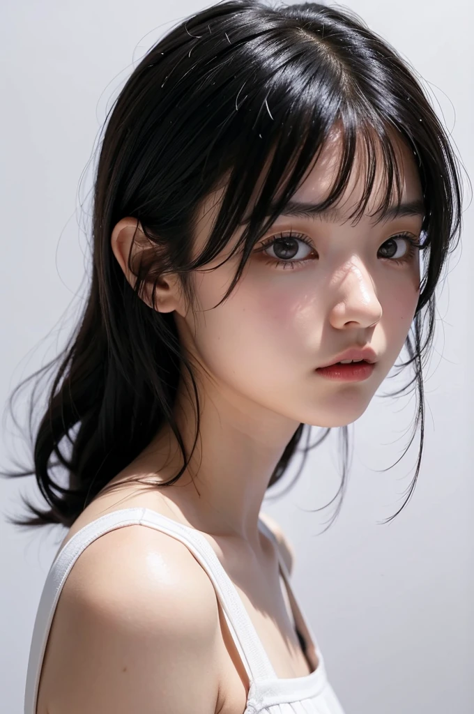 18 year old girl , Japanese short black hair , eyes black , white background