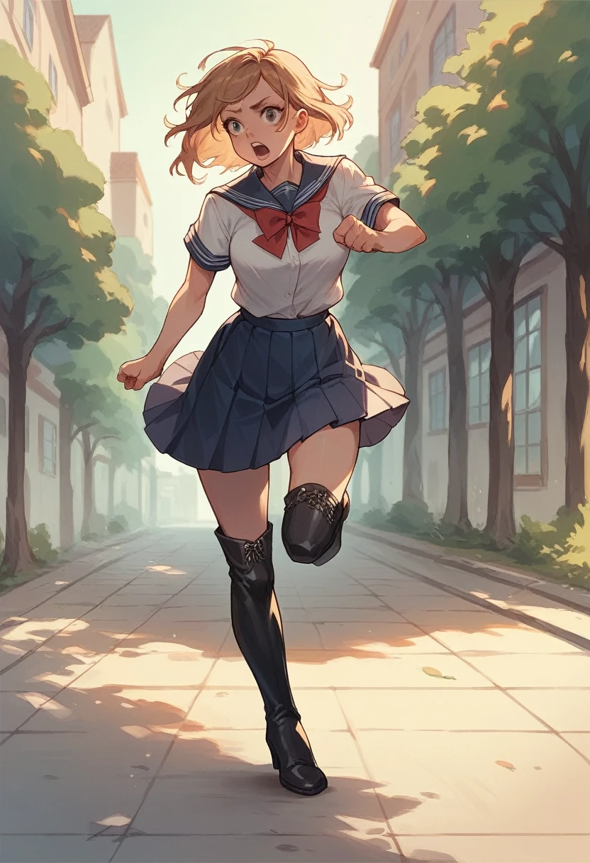 Girl in lace up thigh-high boots, school uniform, running, high heels, lace-up boots