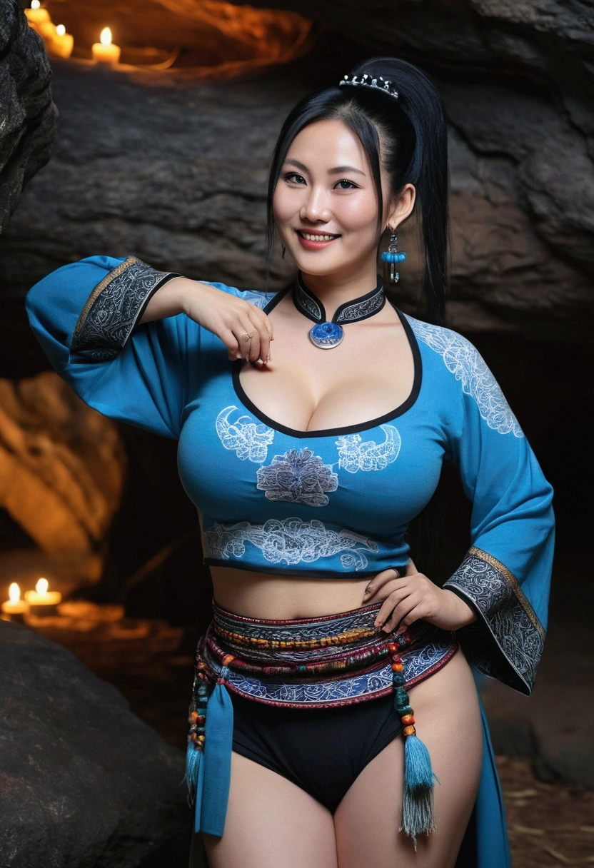Female model,40 years old,Chinese tribe,thick body type,big breasts,tattooed white skin,big breasts,big ass thick thighs,facing a seductive smile,Black hair color,ponytail hair type,blue eye color,traditional costume clothing,whole body distance,dynamic angle,seductive pose action,autumn forest cave place,dark moon scene lights,realism style
