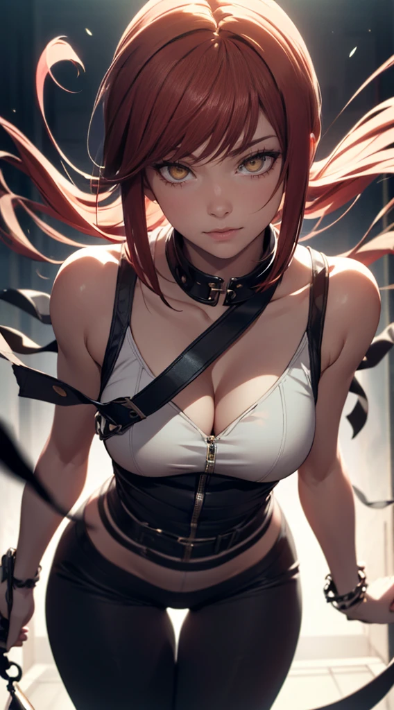 ((sexy dress)))A girl, The character Makima from the anime series Chainsaw Man, scary, makima, Beautiful figure, Skinny black pants, cowboy shot, leaning forward, holding dog leash, pulling leash, head tilt, looking at viewer, looking down at viewer, red hair, Orange Eyes, white shirt, sexypose, Realistic, Very detailed, handsome body, Detailed body, Detailed hands, Detailed, Vibrants, Detailed Face, Makima's character design. Very detailed, Detailed body, Detailed hands, Detailed Face, anime art, extremely detailed CG unity 8k wallpaper, detailed light, Cinematic lighting, chromatic aberration, glittering, expressionless, epic composition, dark in the background, Cherecter Desing, Very detailed, Detailed body, Vibrants, Detailed Face, sharp-focus, anime art, Vibrants, Detailed Face, Hugh Details, sharp-focus, Very drooping face, evil smile, A detailed eye, super fine illustration, better shadow, finely detail, Beautiful detailed glow, Beautiful detailed, Extremely detailed, expressionless, epic composition, Presented at artstation, Octane Render, artstation hd, Cinematic, 4 thousand., hypermaximalist, elegant