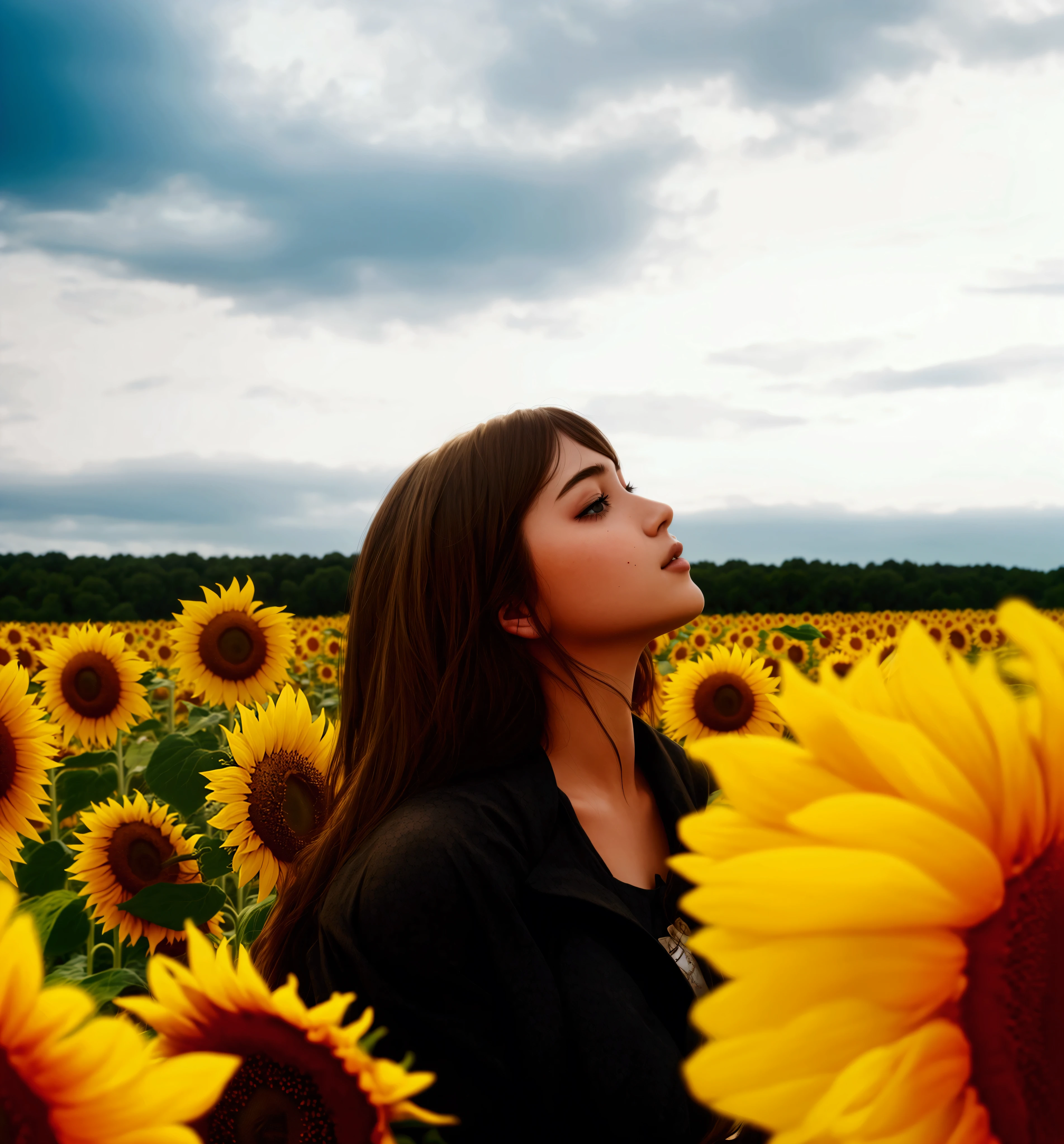 Girl in a field of sunflowers, girl in sunflower, Beautiful thick hair, rnalism, Beautiful photo