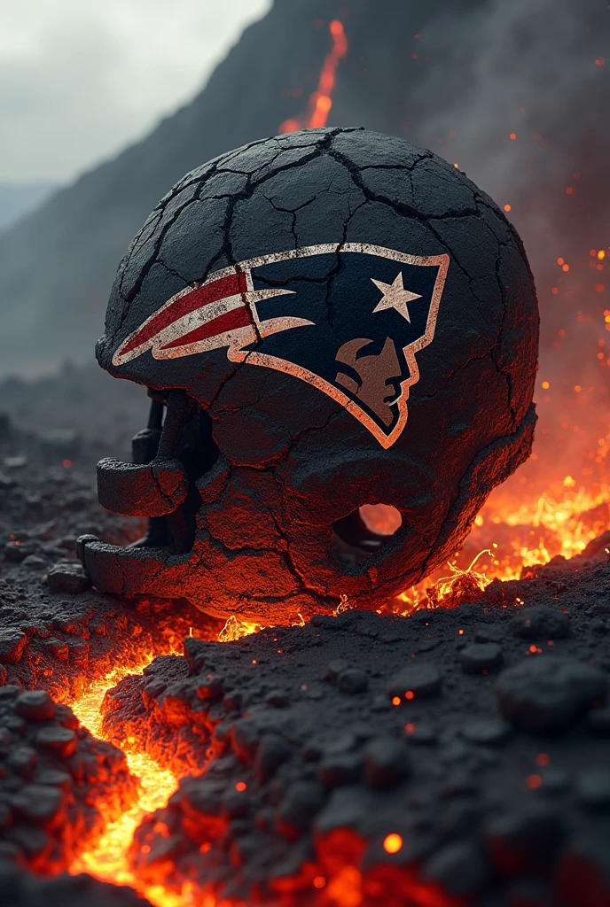 New England Patriots logo with text "Patriots" all burned down, emerging from the crater of a volcano filled with hot lava