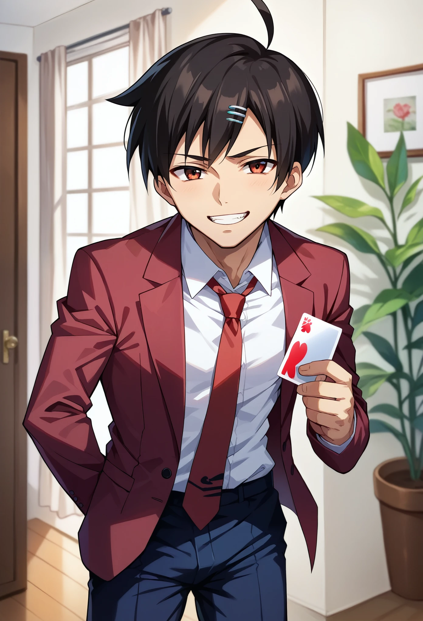 score_9, score_8_up, score_7_up, 1boy, solo, male focus, sakuTomo, black hair, short hair, ahoge, maroon blazer, unbuttoned blazer, long sleeves, red necktie, white shirt, dark blue pants, standing, holding a card, silver color card, confident face, grin, looking at card, bedroom