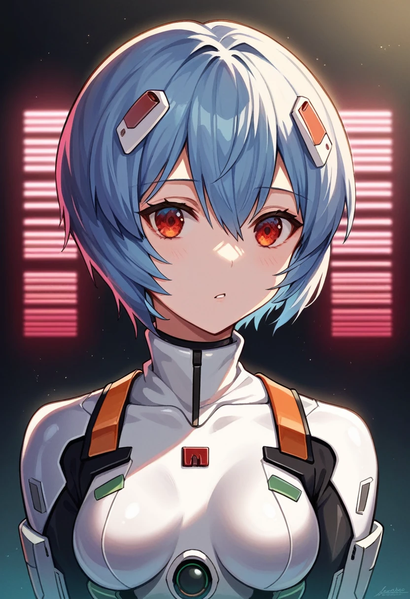 (best quality:1.2),1girl,solo,Ayanami Rei,white bodysuit,red eyes,pilot suit,short hair,blue hair,bangs,interface headset,turtleneck,hair between eyes,pixelated background,neon lights,sci-fi color scheme,vivid colors,metallic texture,detailed shading,holographic interface,dark atmosphere,high contrast,sharp focus,wisps of hair,reflective surface,exquisite details,high-res,studio lighting,red accents,illuminated surroundings,artificial intelligence assistant