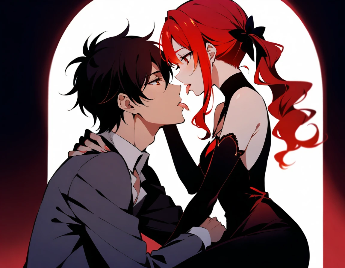 A tender moment between two lovers: a fiery-haired girl, her bright red locks tied into playful twintails, sits on the shoulder of her boyfriend. Her face inches from his, she gazes up at him with adoration, their lips almost touching. She's adorned with elbow gloves, adding a touch of elegance to the intimate scene. Her breasts strain against her clothing, drawing attention to her alluring figure. As they prepare for a kiss, her tongue darts out, teasing and playful.
