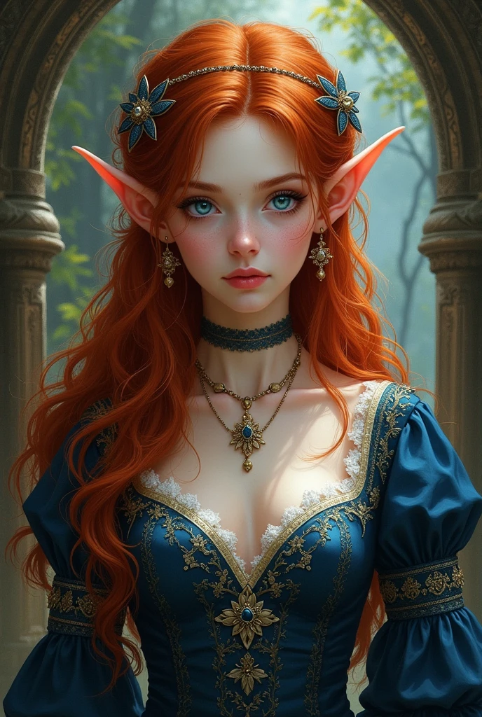 Drawing of a red-haired elf with dark blue eyes, with luxurious witch period clothing with long wavy hair