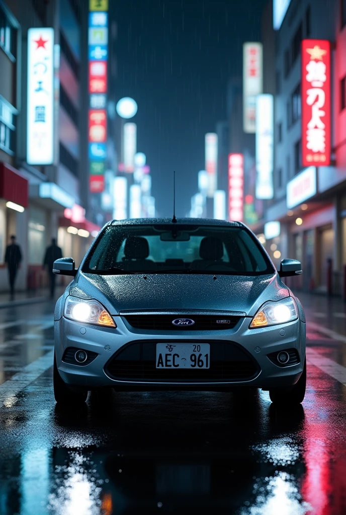 A Ford focus mk2 2007 model sedan, from the front perspective, 21 AEC 961 written on its licence plate, on the street in a rainy Tokyo night with blurry neon lights