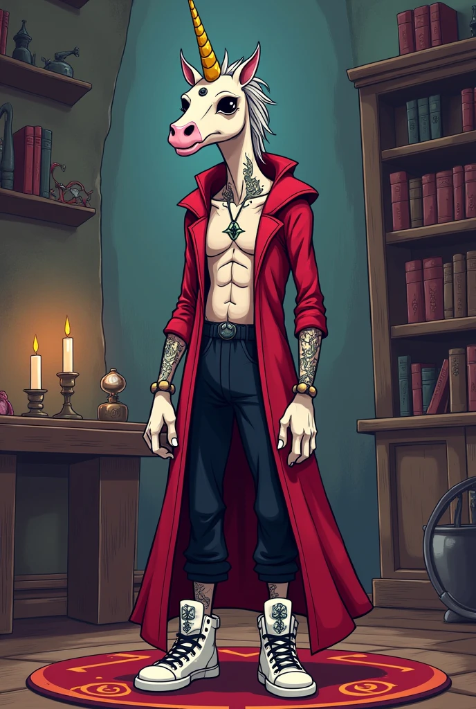 Create a skinny humanoid demonic unicorn,, Red Wizard Suit Style Clothes, wearing baggy black pants, Wearing white gloves with alchemy symbol, wearing white high top sneakers, tattoos on body, black jewels, full of anxiety in tele finger, background image a wizard&#39;s room, Adventure Time style drawing
