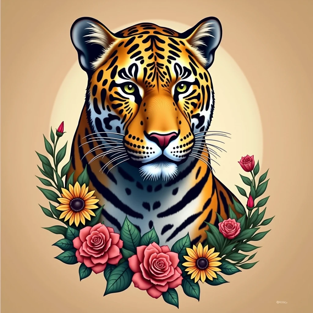 Create a fantastic Amazonian jaguar,inside a frame made of flowers. A mix of jaguar and tiger,leopard spots on the face, flowers in the head, sunflower, lilies, daisy, roses, color full, rainbow colours,spectacular, vibrant, no signature, no watermark,t-shirt art