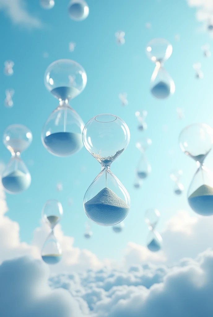 An image where you can see several floating hourglasses and the background is a clear sky with a touch of fantasy 
