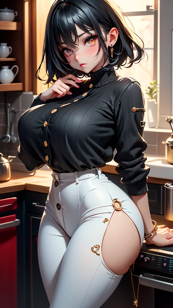 other mother, no eyes, blind, eyes buttons,high resolution, other mother, button eyes, scary, sweater, short black hair, tight pants, buttons, pose, jewelry, busty, huge bulging glutes, huge ass, looking at viewer, thick thighs, wide hips, slim waist, (short legs), pale skin, in a kitchen, shadows, colorful, high saturation, high contrast, score_9, score_8_up, score_7_up,