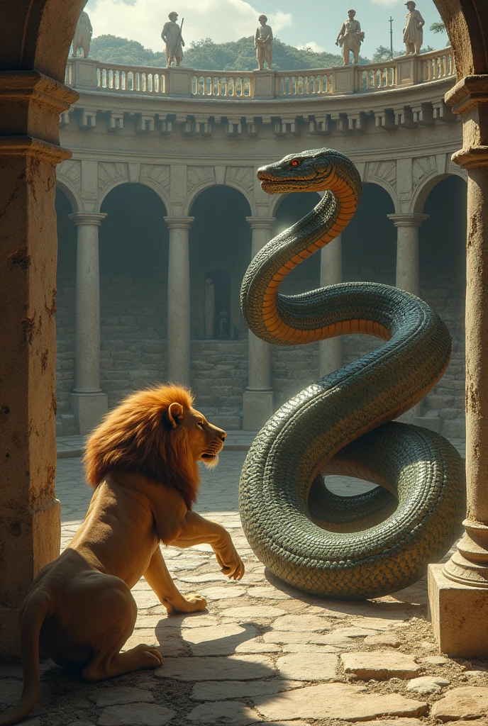 Dessin d'un lion qui affronte le serpent python de la mythologie grec, dans une arène vue de haut