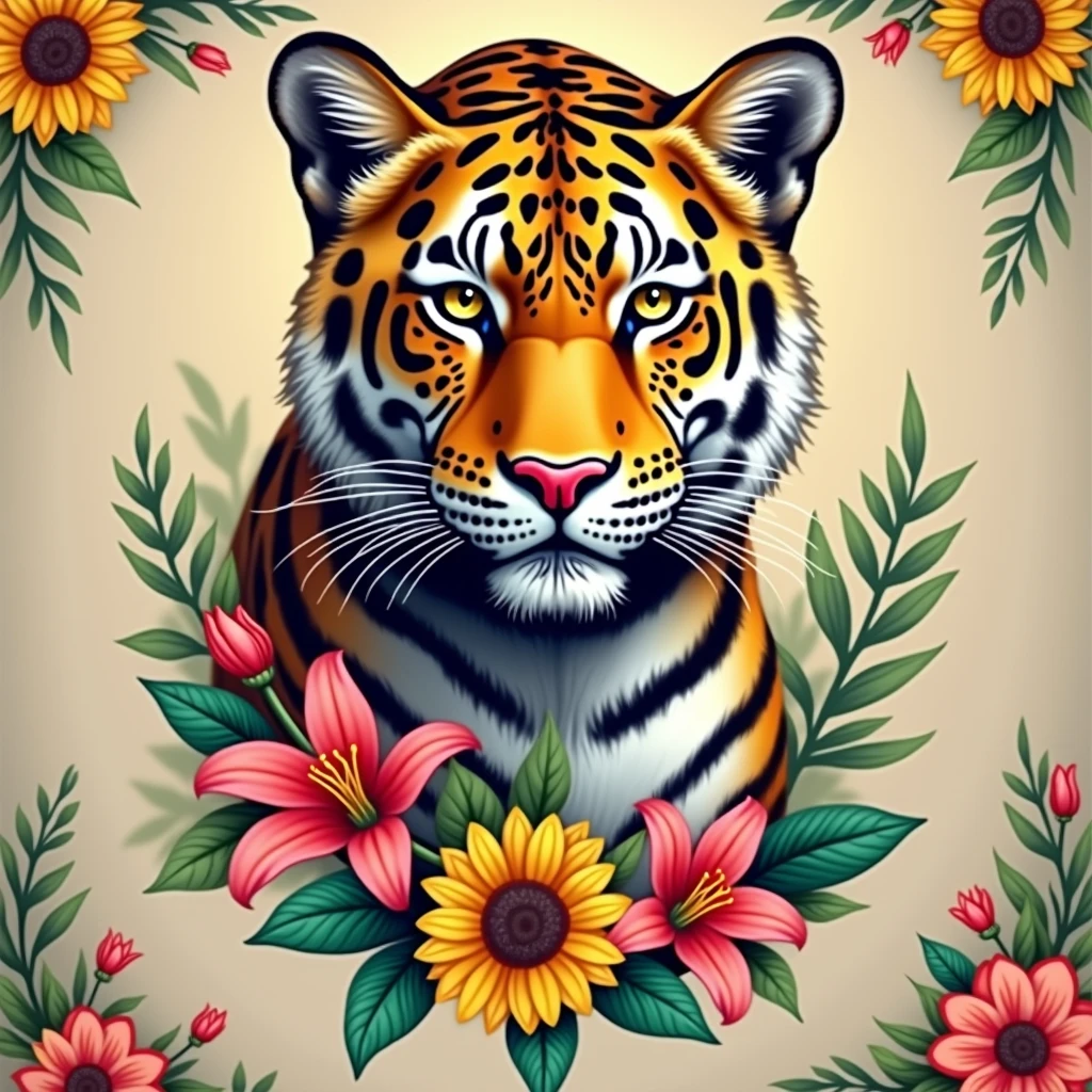 Create a fantastic Amazonian jaguar,inside a frame made of flowers. A mix of jaguar and tiger,leopard spots on the face, flowers in the head, sunflower, lilies, daisy, roses, color full, rainbow colours,spectacular, vibrant, no signature, no watermark,t-shirt art