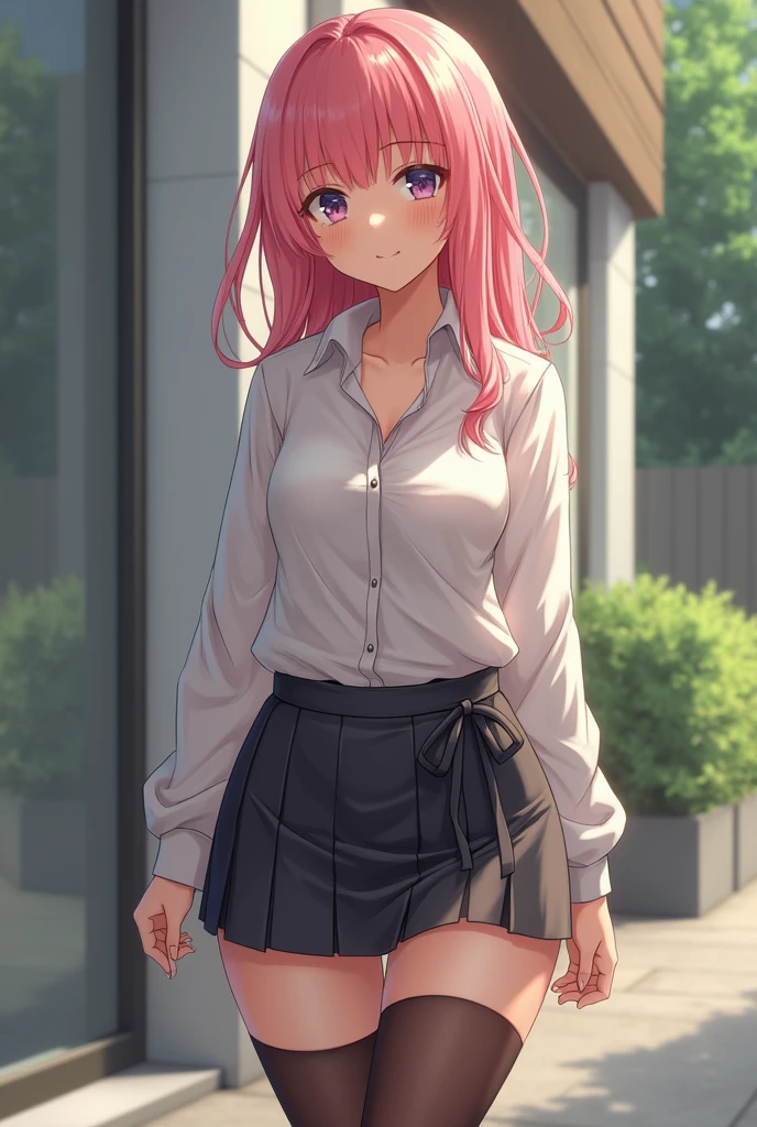 Young, ((((gigantic breasts)))), , blouse, miniskirt, thigh highs, skindentation, narrow waist, narrow shoulders, pink hair, thin, trim, flat stomach, perky breasts, wide breasts, full body, standing outside, cute, skinny body,