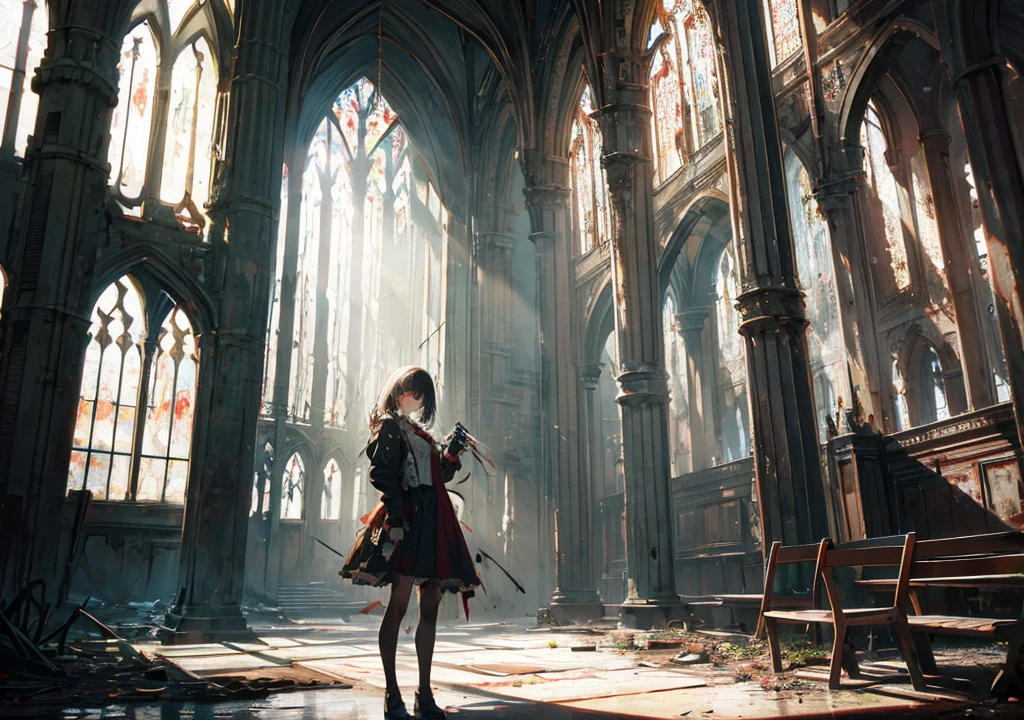 Realistic photos, Focus distance 10mm, Red and white, Beautiful girl, Realistic photos, Shooting at focus distance 10mm, masterpiece, 最high quality, high quality, Very detailed CG 8k wallpaper unit, Award-winning photography, Depth of written boundary, High resolution, bloom, chromatic aberration, Realistic, Very detailed, Art Station Trends, CGsociety Trends, Complex, High detail, dramatic, Art on the go, volumetric lighting, In an abandoned church, a beautiful zombie girl stands in front of a broken altar, gazing blankly at the light of the stained glass. Old benches are lined up around it