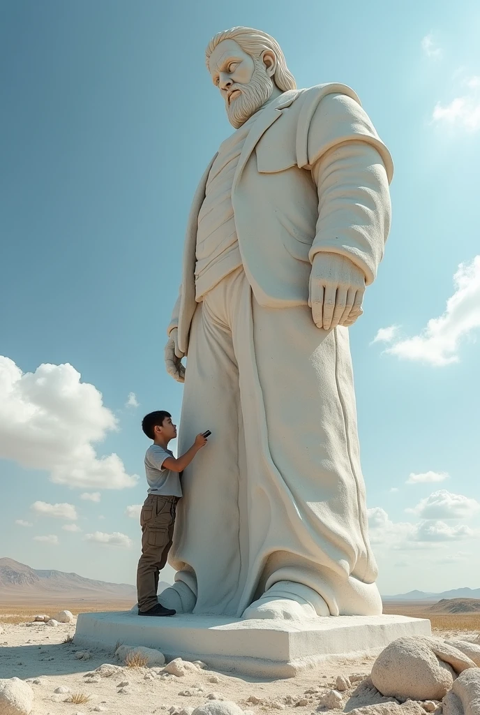 A boy carving a larger soap art A very large statue Much larger, with 1000 meters