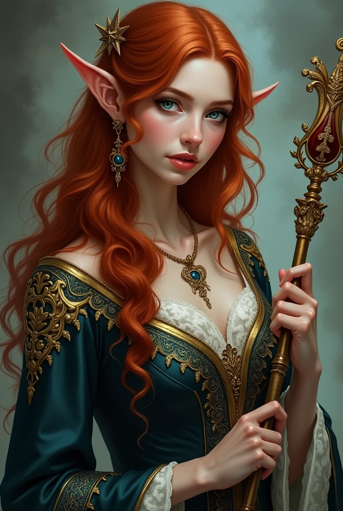 Drawing of a red-haired elf woman with dark blue eyes, in luxurious witch-era clothing with long wavy hair and a scepter