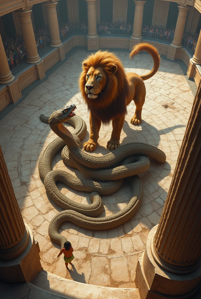 Dessin d'un lion qui affronte le serpent python de la mythologie grec, dans une arène vue de haut