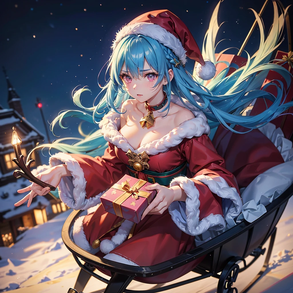 (Sky blue hair),(Braided short hair), (Pink Eyes),Fair skin) ,(whole body),(One Girl),(There are many gift boxes in the background),(Santa Claus clothes),Santa Claus hat,Christmas Party),(masterpiece, Highest quality, Very detailed, Best Shadow), (Detailed Background), (Beautifully detailed face), High Contrast, (Best lighting, Very delicate and beautiful), ((Cinematic Light)), Hyper Detail,8k, Dramatic Light, Intricate details,night,flying sled,With the reindeer,