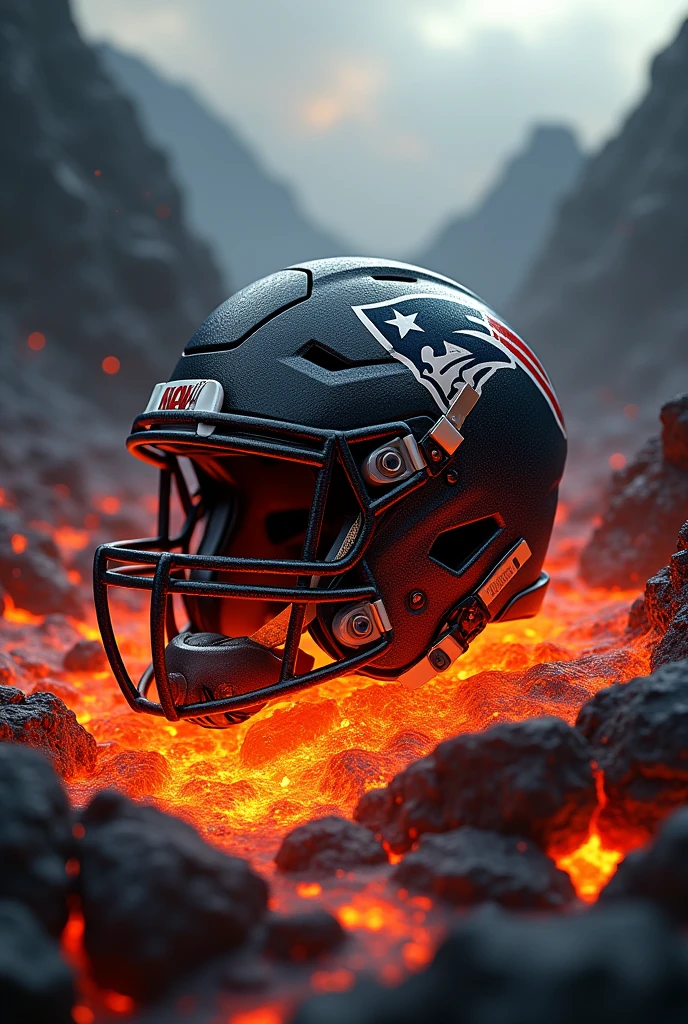 Charred New England Patriots helmet set on fire, emerging from the crater of a volcano filled with hot lava