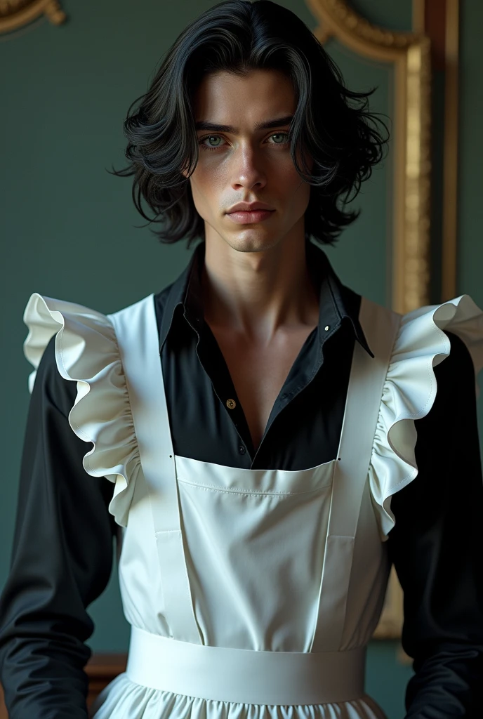 A sexy MALE with long-black-haired Teal-Blue eyes wearing a maid dress. (Male) (BOY) (NON-FEMALE) (XY) 
(MALE) (HE IS A MALE) (MALE GODDAMMIT) MALEEEE FUCKING MALE, BOY, MAN