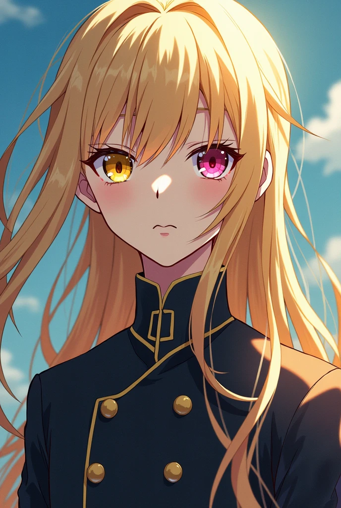 A boy of 1.70 meters, delgado, White skin, Long blonde hair, delicate eyes, Right eye pink and left eye yellow, with demon slayer uniform from kimetsu no yaiba, in anime style