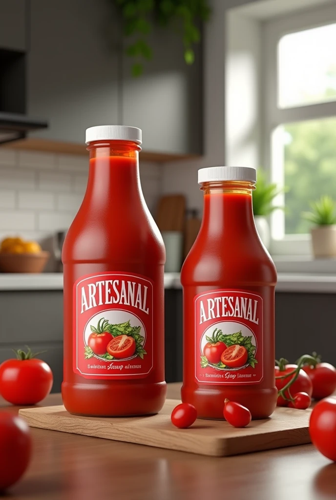 

**Instructions to create the image:**

**General description:**  
Generate an advertising image showing two jars of tomato sauce in a modern kitchen, Captured in a realistic style as if they were photographed with a cell phone camera.

**Details of the sauce boats:**  
- **Bottle 1:** 1 liter capacity.  
- **Bottle 2:** Capacity of 500 ml.  
- Both bottles must be shaped like classic ketchup containers., made of plastic, with a spout lid.
  
**label:**  
- Include the word “ARTESANAL” prominently on the label of both jars.
- At the bottom of the label, add a short slogan in spanish, that reinforces the authenticity and quality of the product.
  
**Environment:**  
- The scene must be set in a modern kitchen, with current decorative elements, giving the impression of a familiar and welcoming environment.
  
**visual style:**  
- The image must be very realistic, as if it had been taken with a smartphone. It must have an advertising quality, highlighting the boats as protagonists of the scene