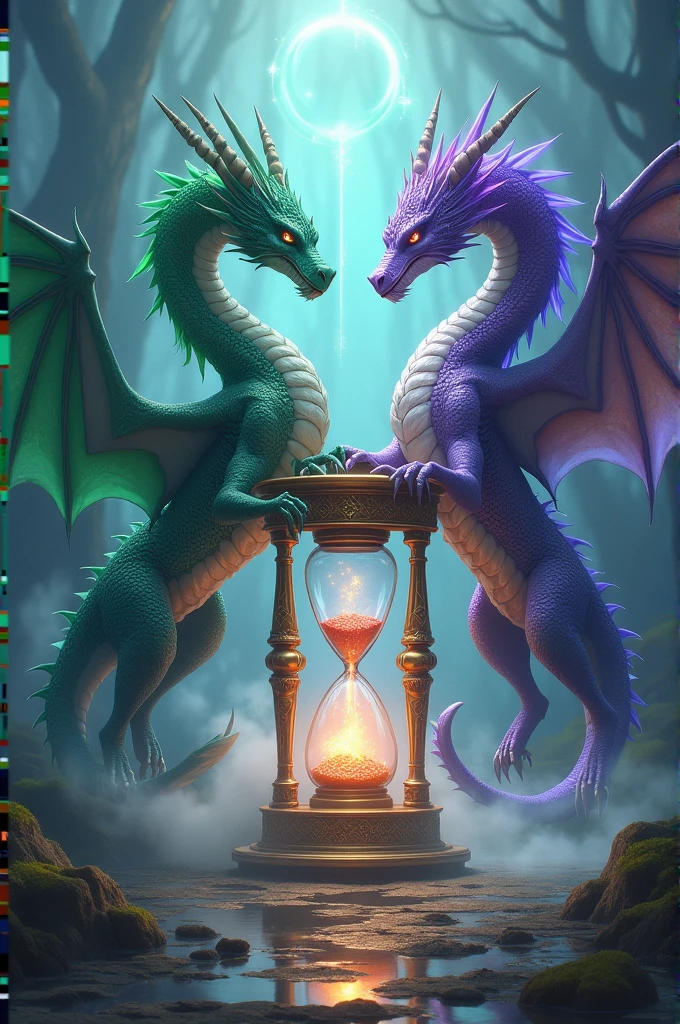 An image where there is an hourglass and two dragons, one green and the other purple dragon
