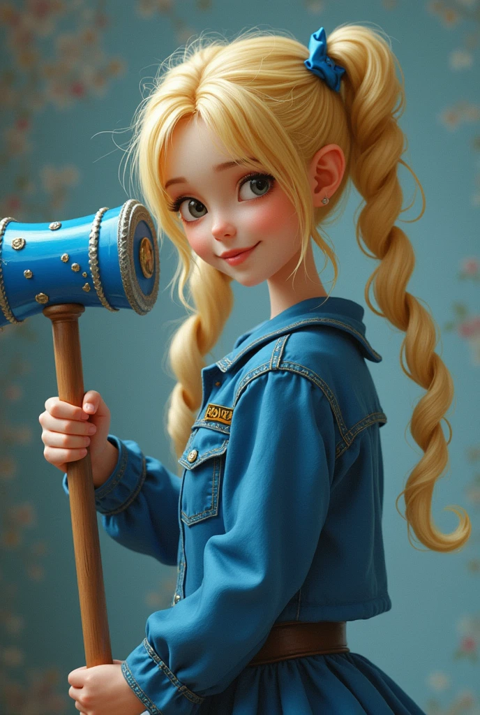 I want a girl with a blue mallet with blonde pigtail hair, very pretty with 