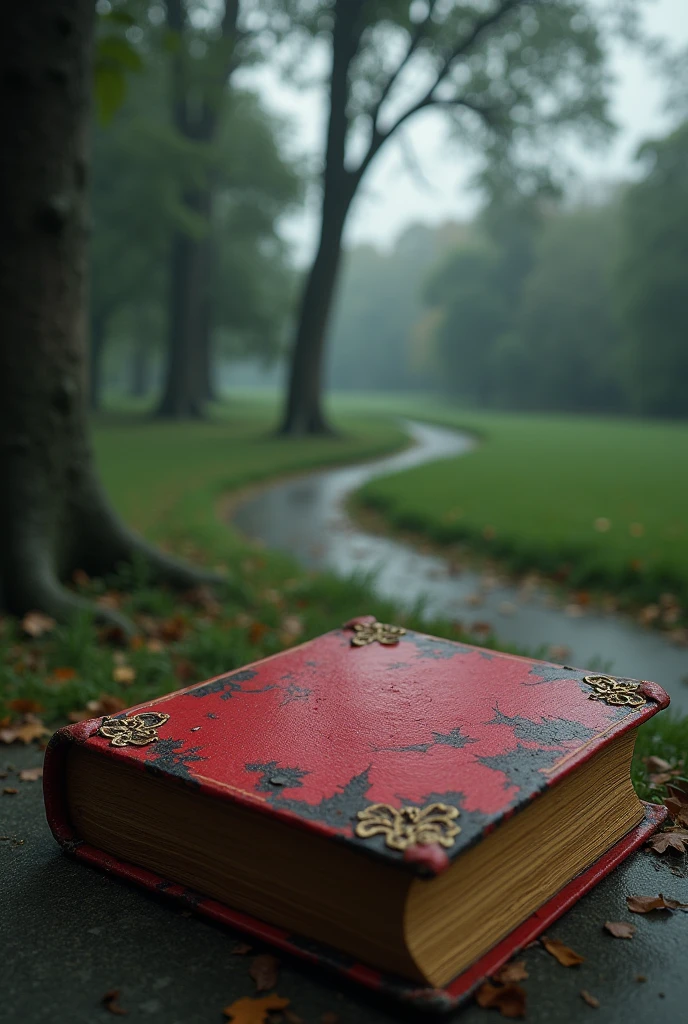 A red book with yellowed pages and the scene is in a park that looks like real life and gives a feeling of fear and it is a sad day