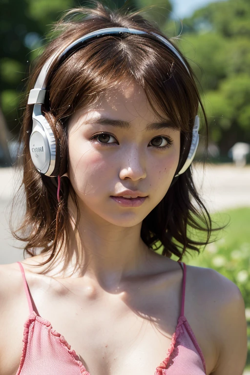 ((Highest quality)), ((masterpiece)), (detailed), One Girl, Japanese, 16years old, Sunburned skin, Realistic texture, flat chest, Lift your chest, puffy face, (shy smile), melancholic, (photo realistic:1.55), no makeup, brown hair, short hair, (Mojamo Hair:1.5), ((Wearing big headphones)), (broad jawline:1.5), (The headphones have no cords)