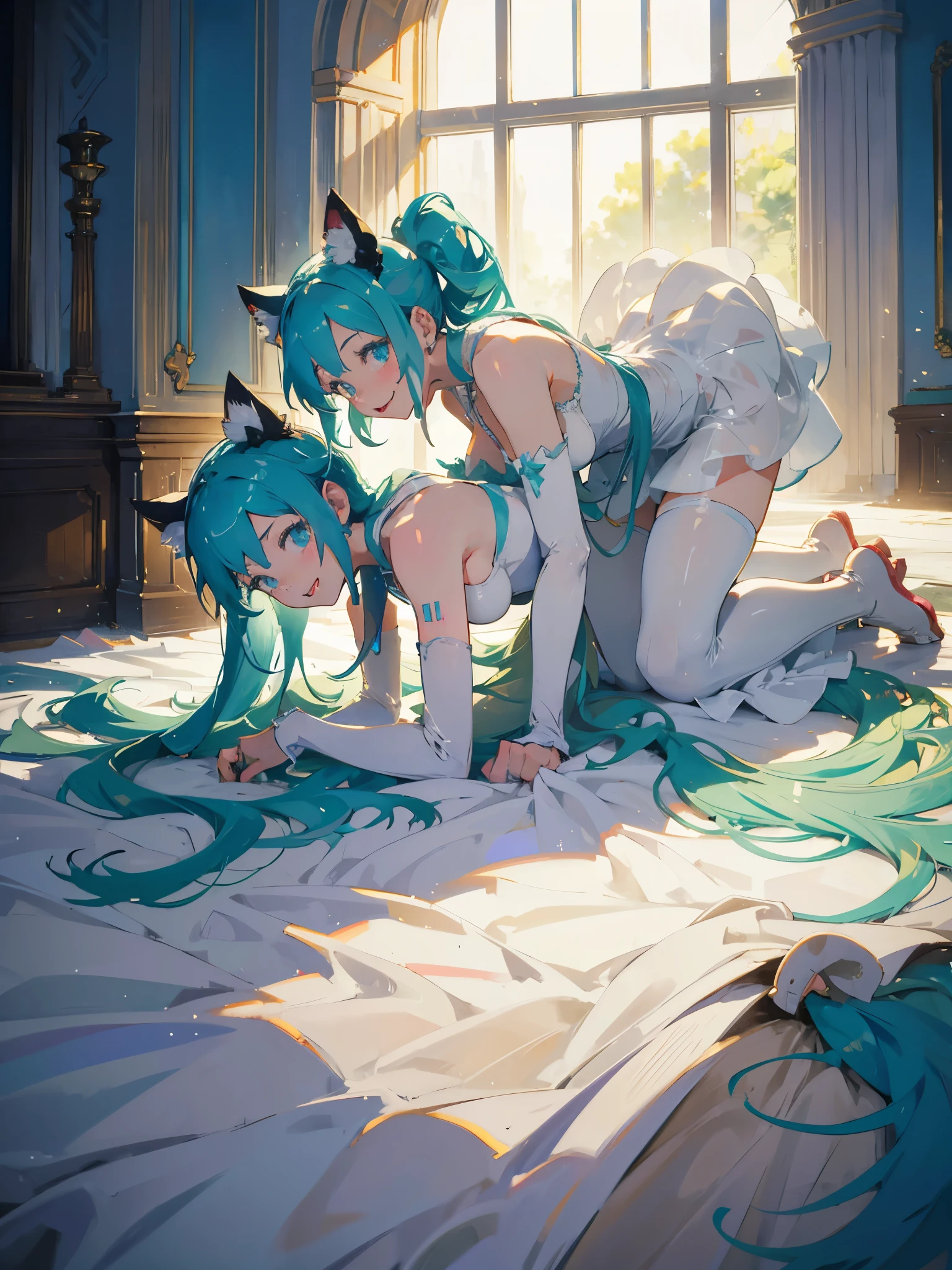 Hot hatsune miku, wedding dress, smiling, cat ears, hatsune miku, on all fours, big tits, showing the tongue