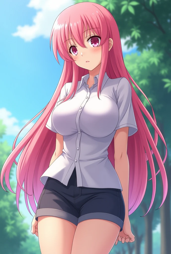 Sakura is a young, busty girl with long pink hair and pink eyes. She has a slender figure contrasted by ((((gigantic)))) breasts accentuated by her tight-fitting . Her breasts are enormous and extremely perky due to her youth. Despite having gigantic breasts, she is skinny everywhere else. Her legs are skinny with youth. Her breasts stick out very far and very wide. Her gigantic breasts spill out of her blouse. She is standing outside. skinny legs with thigh high socks and short shorts than do not fully cover her butt. She wears a very tight fitting blouse whose buttons strain at the size of her breasts. Her waist is slender and her shoulders are narrow. She has abs. No belly fat or leg fat.