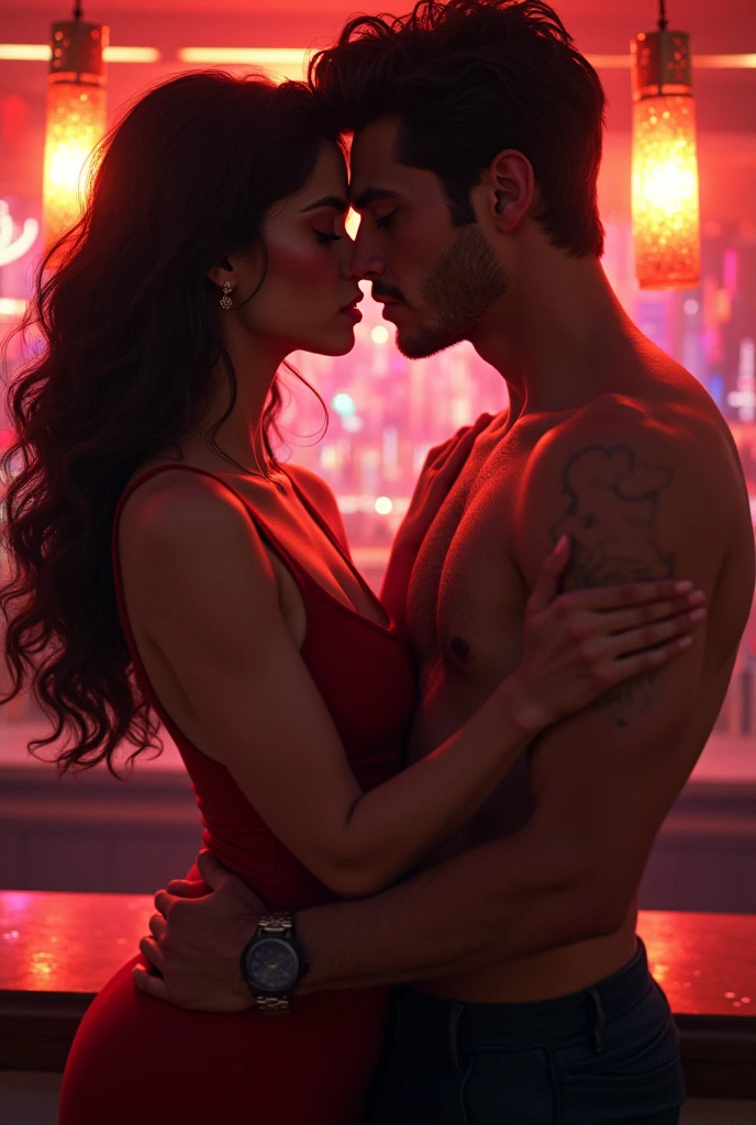 Peut tu tu crée une illustration d’une femme métisse qui fait l’amour avec un homme au bar d’une boîte de nuit