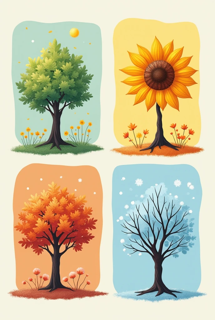 illustration representing the four seasons of the year: spring time, summer, autumn and winter.