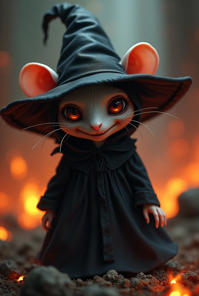 's body, mischievous grin, large dark eyes, wears a witch's hat, black gown, Her skin is extremely white, his face resembles that of a rat, lives amidst the flames of hell