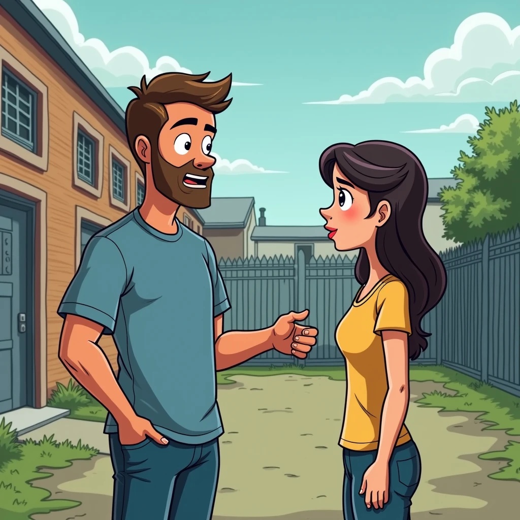 a man in a prison yard, talking to a woman, cartoon style