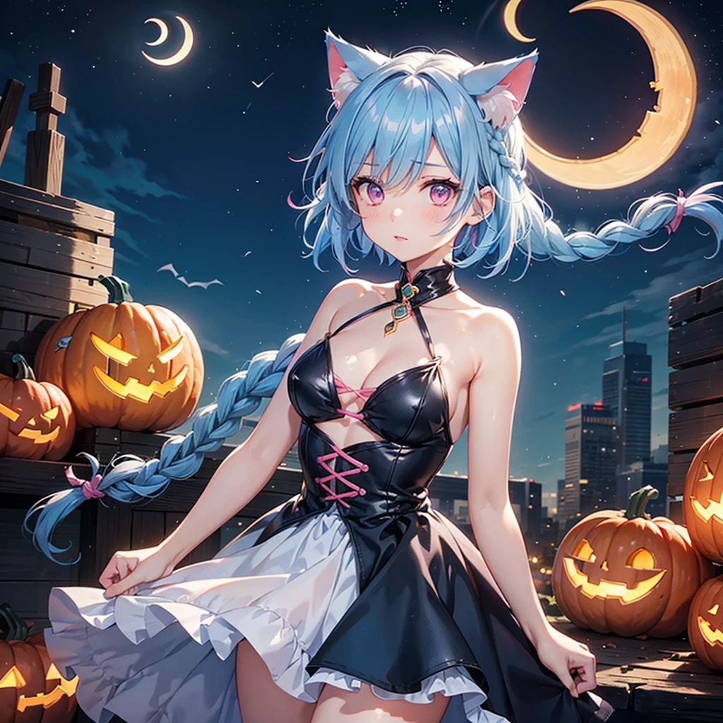 (Sky blue hair),(Braided short hair), (Pink Eyes),Fair skin) ,(whole body),(One Girl),(Crescent Moon),(There are lots of pumpkin ghosts in the background),Cat ear,Cat's Tail,Cat clothes,(Ahegao),(Fall into Darkness),If you don't give me sweets, I'll play a prank on you.),Halloween Night Party),(masterpiece, Highest quality, Very detailed, Best Shadow), (Detailed Background), (Beautifully detailed face), High Contrast, (Best lighting, Very delicate and beautiful), ((Cinematic Light)), Hyper Detail,8k, Dramatic Light, Intricate details,night,(Bats flying in the background),Pumpkin handbag,There are sweets in the bag,