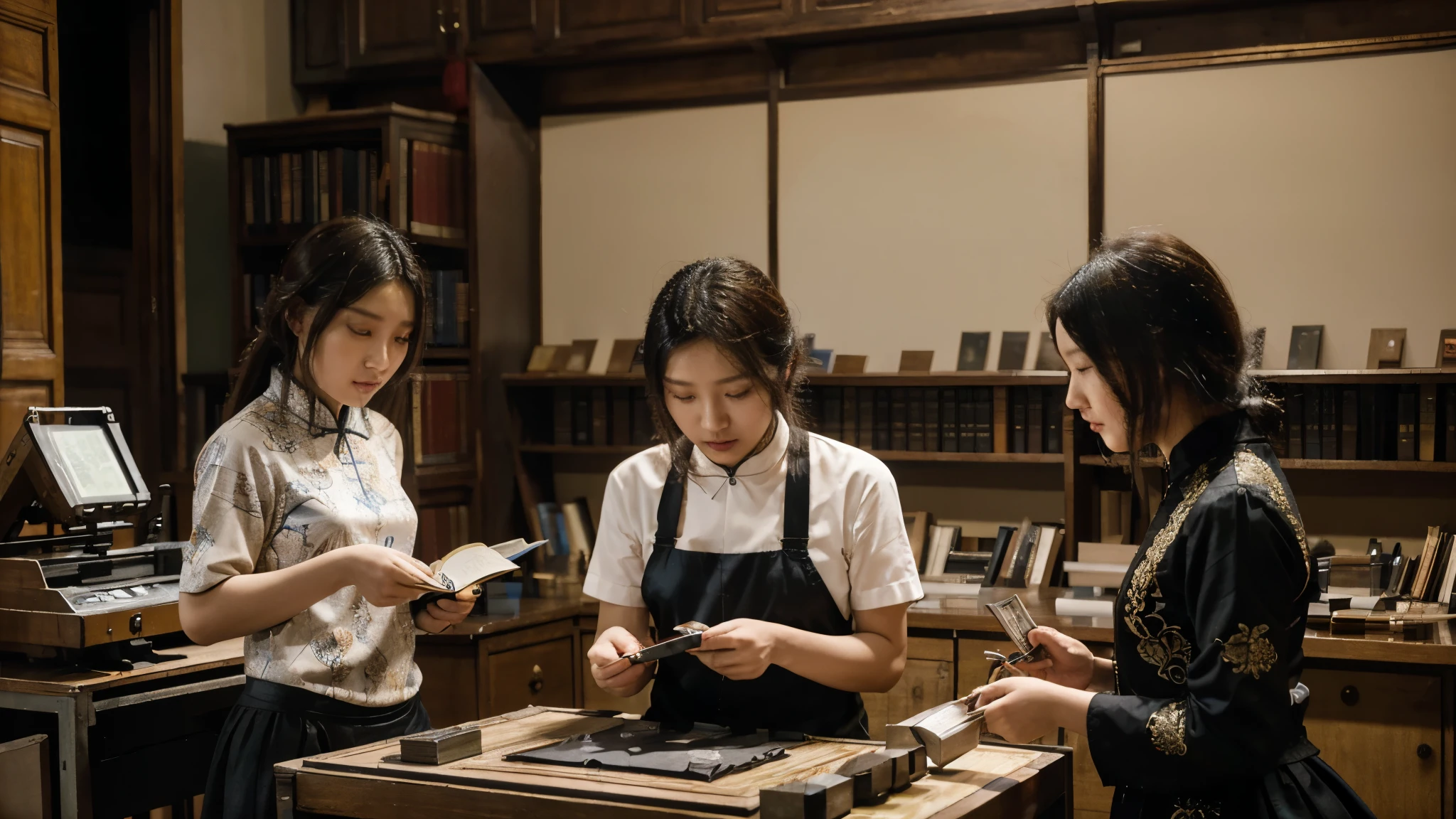 [A printing workshop] European, (((inspired by Chinese techniques))), with movable type printers in action. The scene should include intellectuals discussing (((new books on a table))), symbolizing the impact of the democratization of knowledge during the Renaissance.
