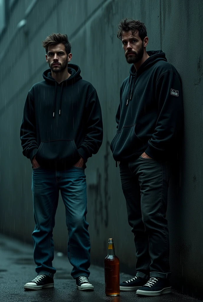 Men stand wall smocking amine sad drunk bottle rain dark light rain dress denim jeans white black hoodie black sneakers shoes wall name bilal mark