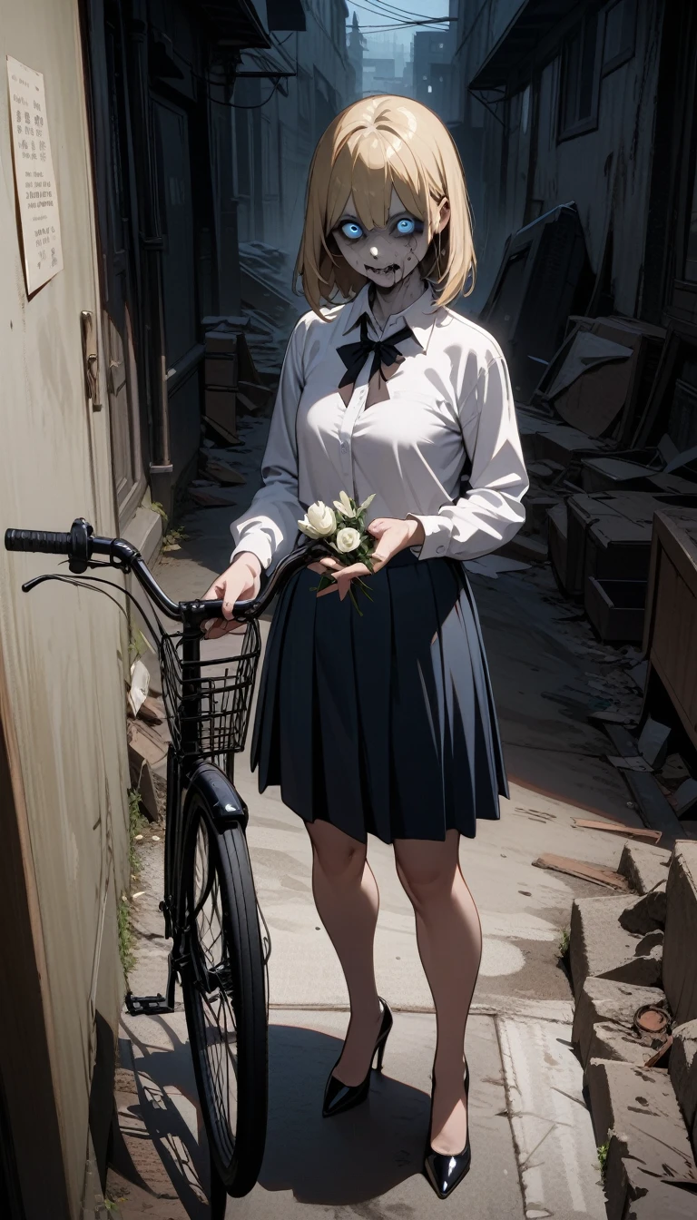 ((best quality)) , ((masterpiece)) , (detailed),The anime depicts an elegant girl with short blonde hair and blue eyes leaning against her bicycle holding flowers in one hand. She has fair skin, wears a white shirt, school uniform skirt, high heels, and the background shows a city street under a bright sky in the style of Hayao Miyazaki. High definition details, beautiful pictures, and high resolution are used to render her .,(((Horror-themed ， Eerie, unsettling, dark, spooky, suspenseful, grim, highly detailed,ugly face)))