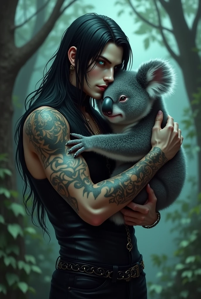 A sexy male goth with long-black-haired Teal-Blue-eyed embracing a cute koala.