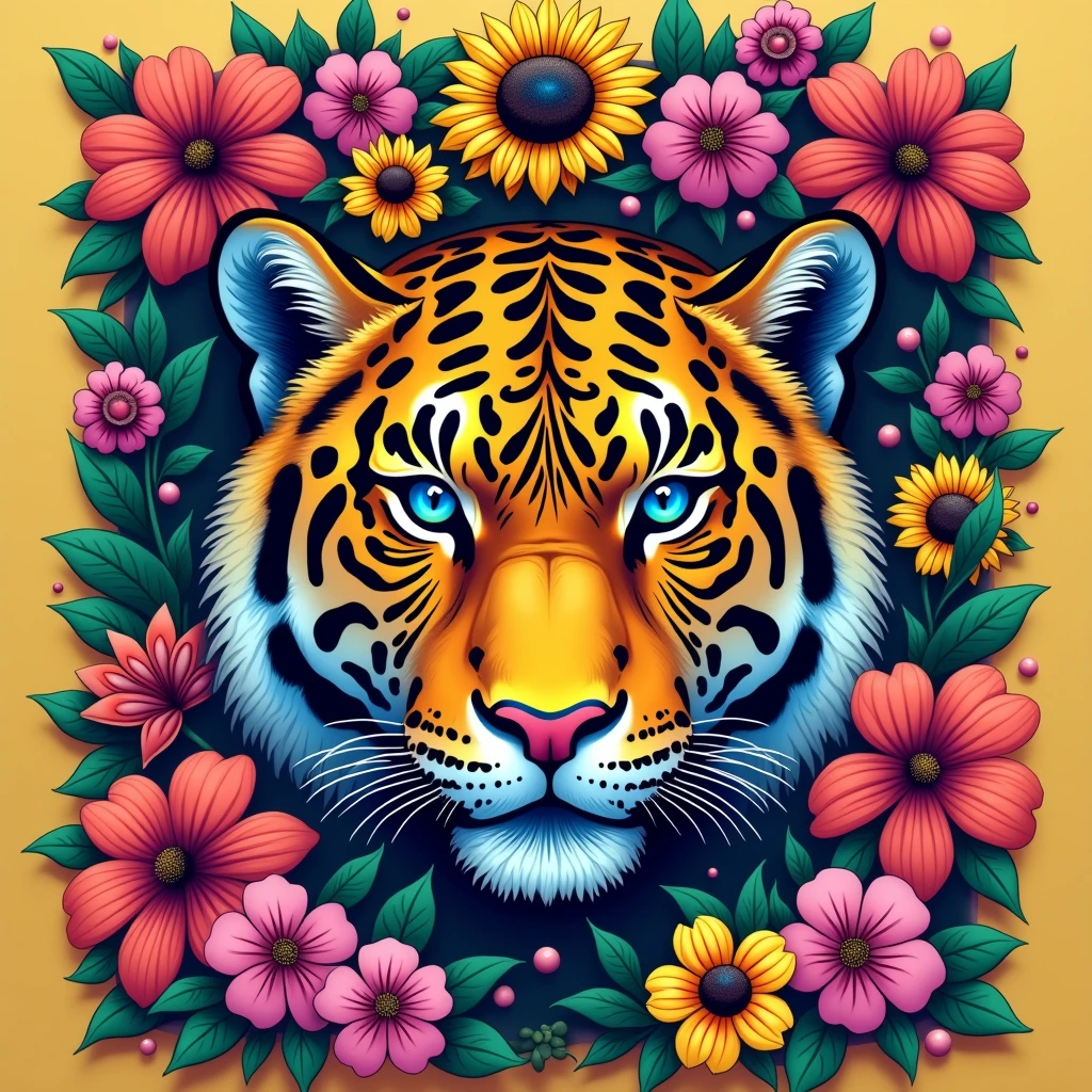 Create a fantastic Amazonian jaguar,inside a frame made of flowers. A mix of jaguar and tiger,leopard spots on the face, flowers in the head, sunflower, lilies, daisy, roses, color full, rainbow colours,spectacular, vibrant, no signature, no watermark,t-shirt art