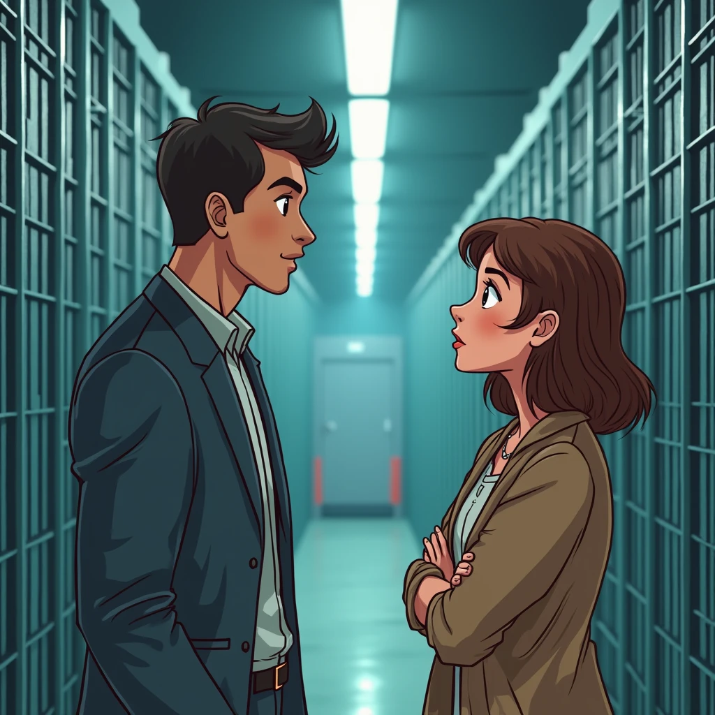 a man in a prison yard, talking to a woman, cartoon style

