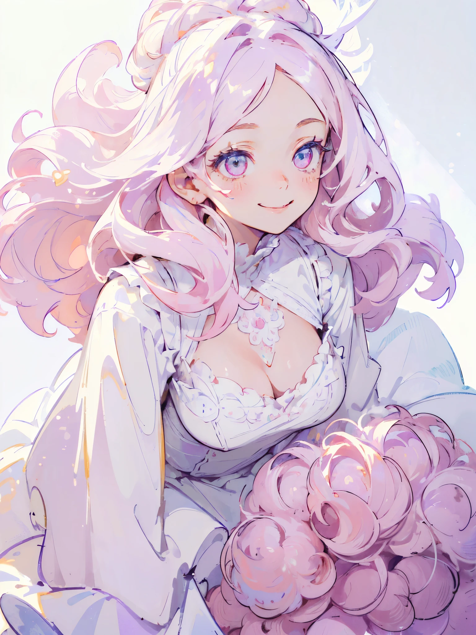 (masterpiece,Highest quality, Very detailed, beautiful, Exquisite, 16K, Full HD), ((smile,Happy:1.5)),get up,((Frills, Sparkling fluffy layered ball gown)), (Pink medium hair,Wavy Hair,Fluffy hair),(White skin,lavender eyes, Long eyelashes, Big eyes,Pale pink cheeks), (pastel colour,Fantasy art:1.2), (White Background:1.8),Facing forward,Upper Body,The body is facing forward, (masterpiece,Highest quality, Very detailed, beautiful, Exquisite, 16K, Full HD), ((smile,Happy:1.5)),get up,((Frills, Sparkling fluffy layered ball gown)), (Pink medium hair,Wavy Hair,Fluffy hair),(White skin,lavender eyes, Long eyelashes, Big eyes,Pale pink cheeks), (pastel colour,Fantasy art:1.2), (White Background:1.8),Facing forward,Upper Body,The body is facing forward, on all fours, big tits, showing the tongue