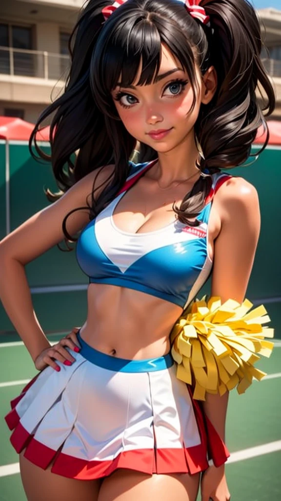 japanese high school girl, kiddy,neon colored cheerleader cosplay,sleeveless,  (smile:0.7), suggestive,(hair black   hair:1), cleavage, (small breast:1)