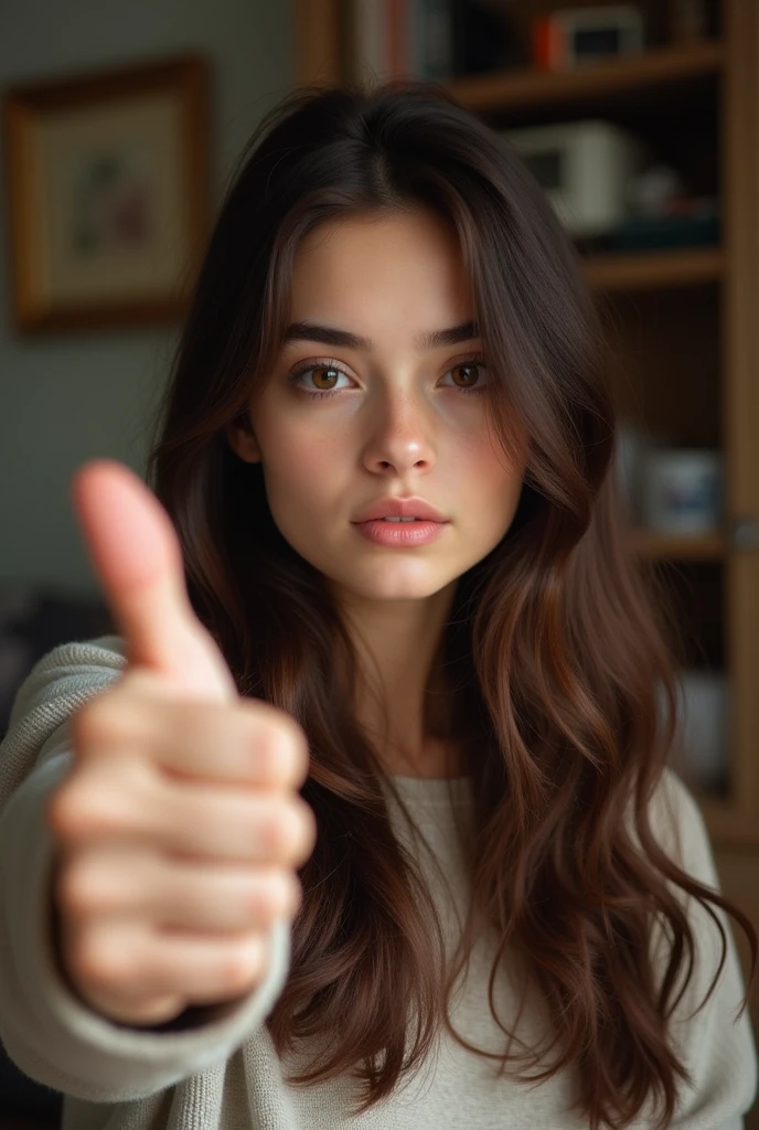 Brunette girl, thumb up, ultrarealistic photo, taken iphone 15, at home, selfie, serious